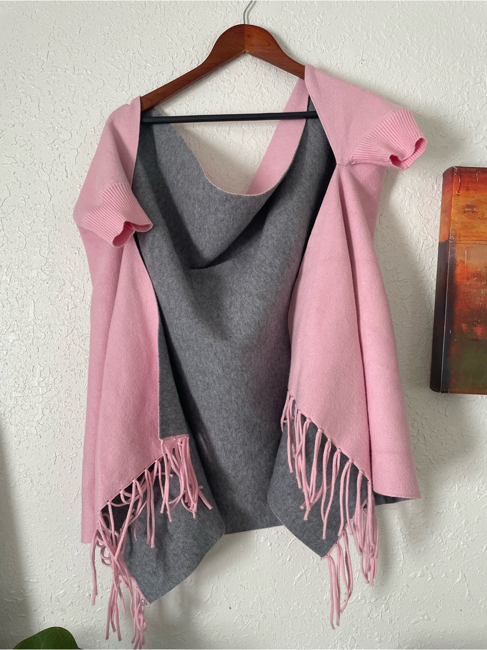 Others Follow Pink and Gray Fringed Wrap Blazer